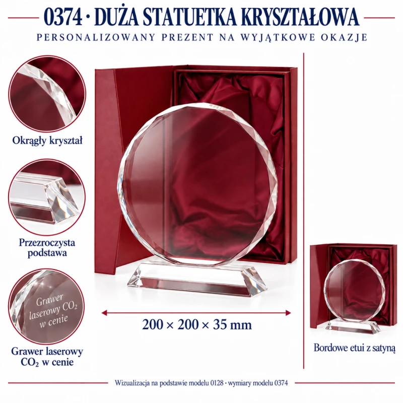 Tablo techniczne statuetki kryształowej 0374 – 200 × 200 × 35 mm, bordowe etui i grawer
