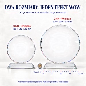 Porównanie statuetek 0128 i 0374 z monetą 5 zł oraz podziałką 0–20 cm – wizualizacja