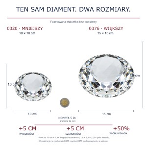 Porównanie statuetek diament 0320 10 × 10 cm i 0376 15 × 15 cm – wzrost szerokości i wysokości o 50%