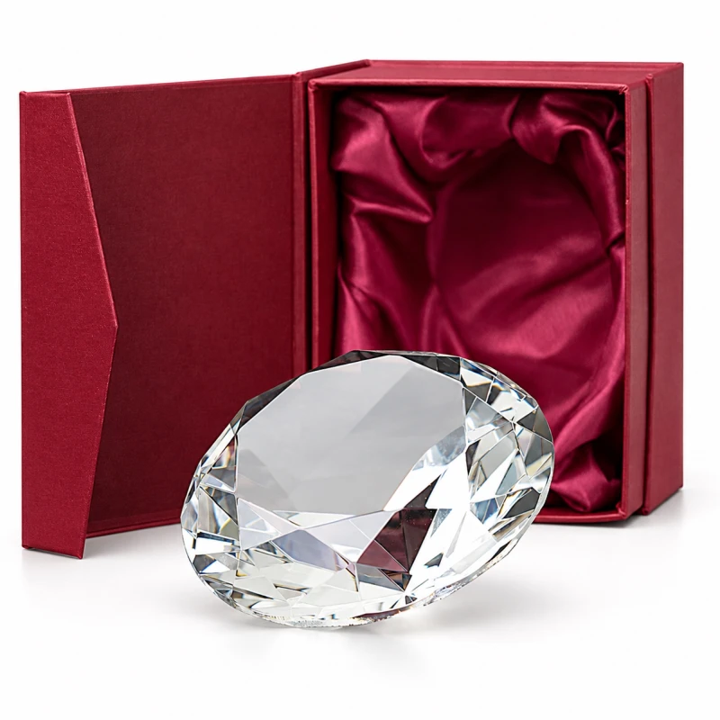 Duży kryształowy diament 0376 w bordowym etui z satyną – packshot na białym tle
