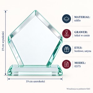 Plansza techniczna: pięciokątna statuetka 0375 ma 19 cm szerokości i 19 cm wysokości, jest szklana i ma bordowe etui z satyną.