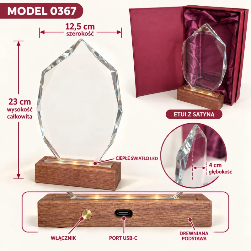 Wymiary statuetki LED 0367: 23 cm wysokości, 12,5 cm szerokości i 4 cm głębokości