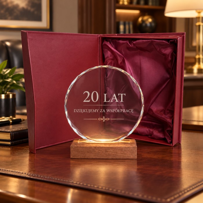 Okrągła statuetka LED z personalizowanym grawerem na jubileusz firmy – model 0368