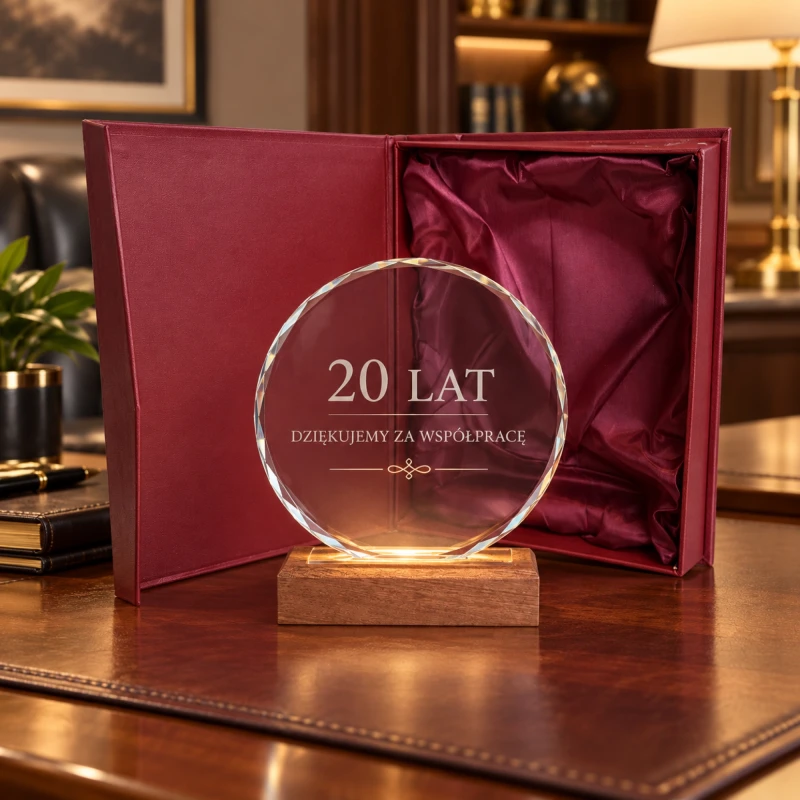 Okrągła statuetka LED z personalizowanym grawerem na jubileusz firmy – model 0368