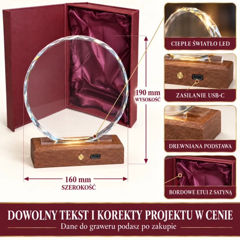 Wymiary statuetki LED 0368: wysokość 190 mm i szerokość 160 mm – infografika produktu