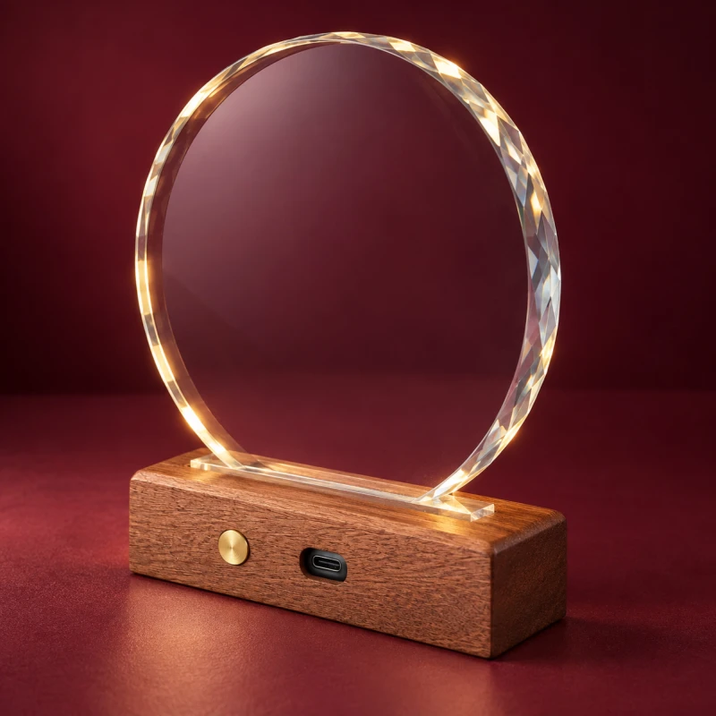 Drewniana podstawa statuetki LED 0368 z portem USB-C i włącznikiem