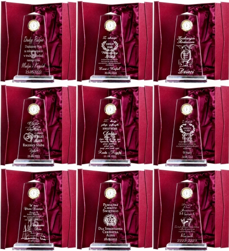 Grawerowana statuetka z zegarkiem kryształ z etui prezent dla rodziców