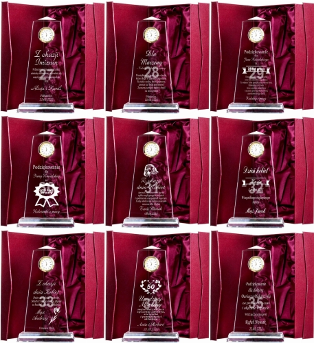 Grawerowana statuetka z zegarkiem kryształ z etui prezent dla rodziców