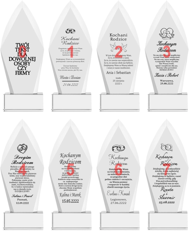 Duży grawerowany kryształ na podziękowania dla rodziców jubileusz urodziny z etui