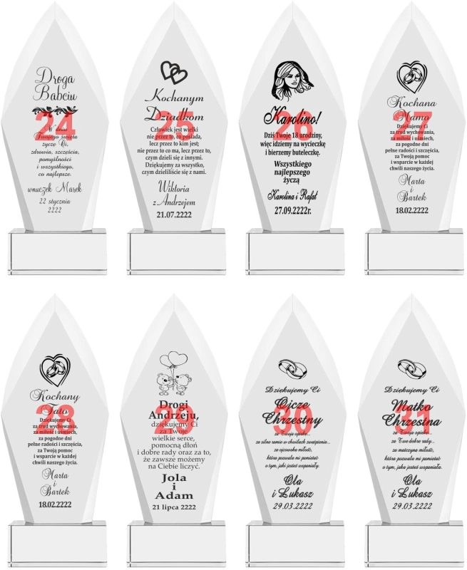 Duży grawerowany kryształ na podziękowania dla rodziców jubileusz urodziny z etui