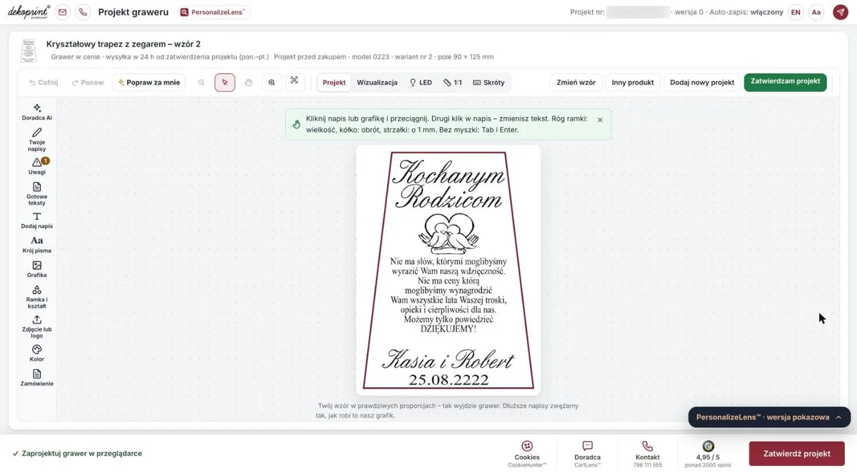 Edytor graweru w kreatorze Dekoprint.pl — projekt w prawdziwych proporcjach