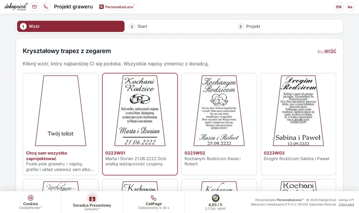 Wybór wzoru graweru w kreatorze Dekoprint.pl — kryształowy trapez z zegarem